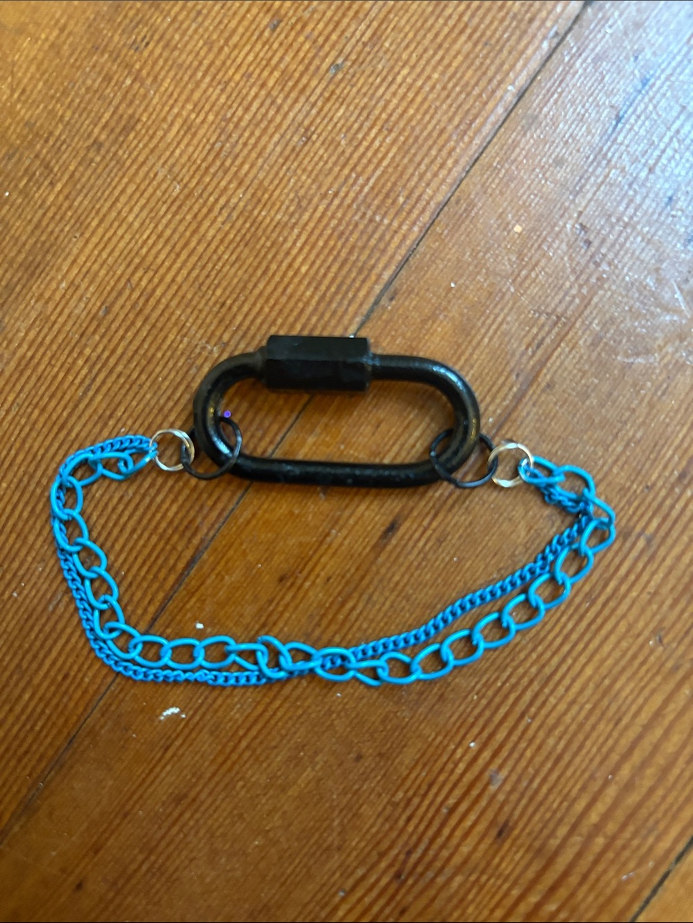 Hand-Crafted Blue Chain Link Bracelet with Black Carabiner Accent